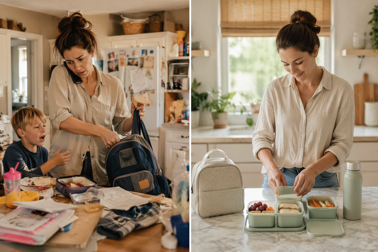 Before and after school lunch routine showing morning chaos changing into a calm prepared lunch system