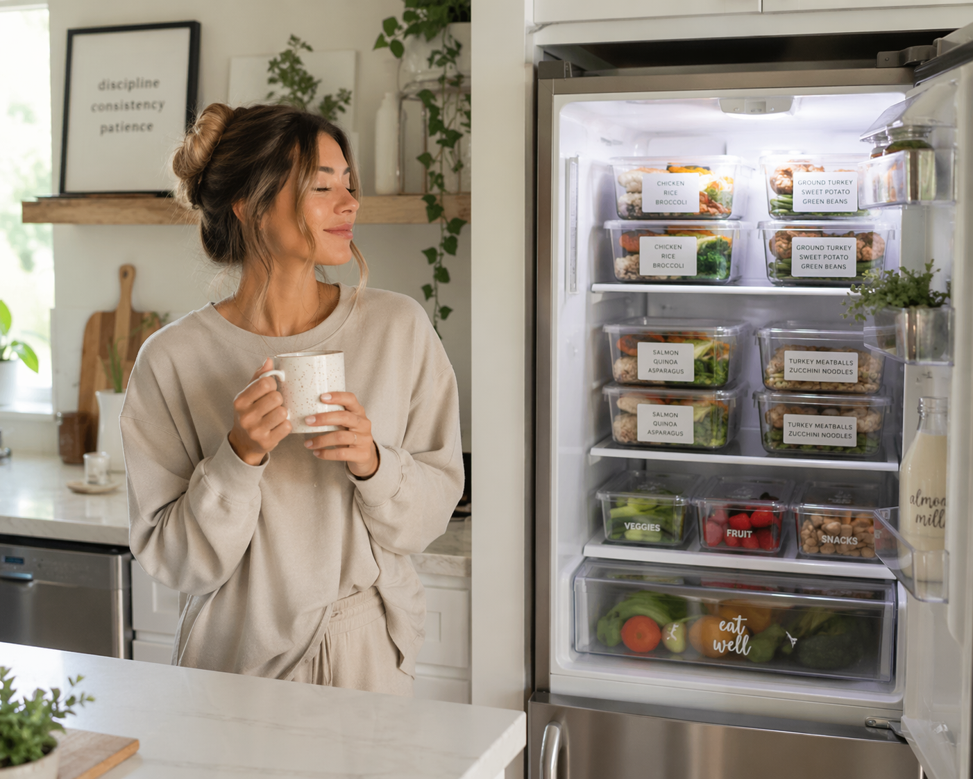Organized fridge with labeled meal prep containers for easy family meals and lunch planning