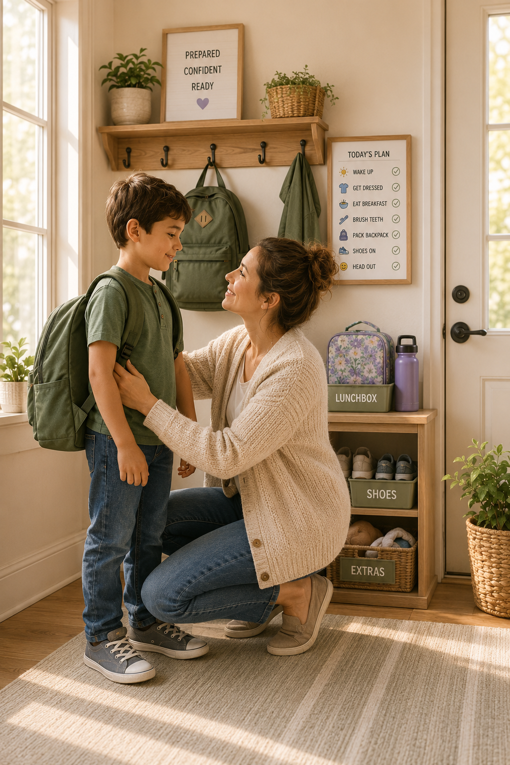 Mom helping child get ready beside an organized morning routine station