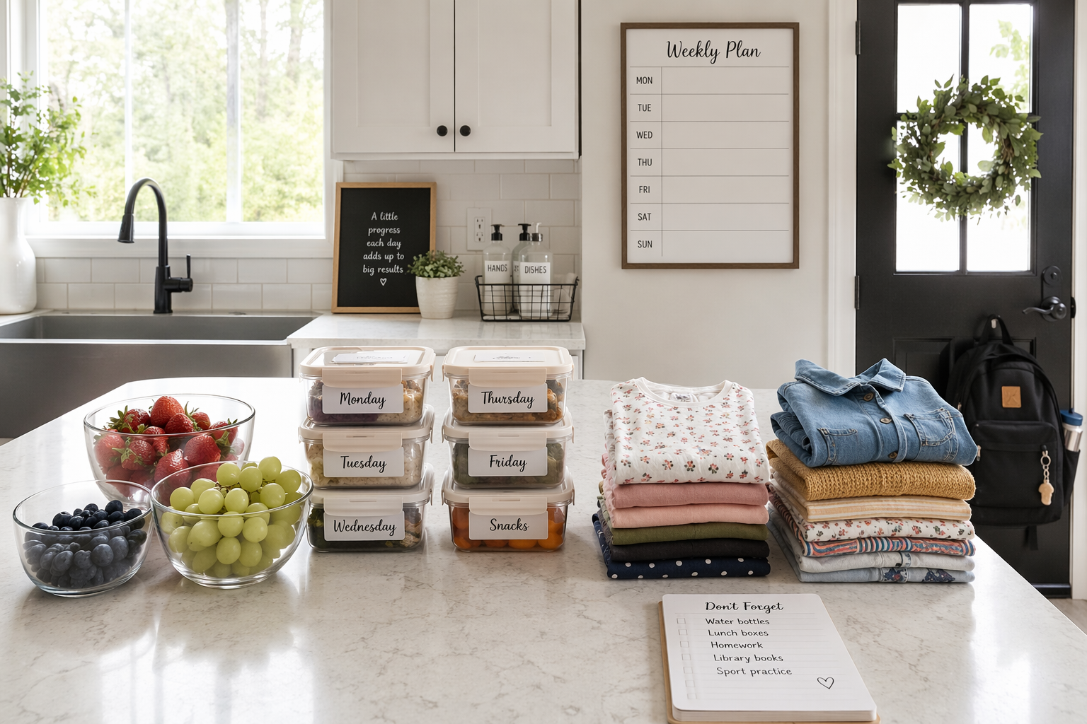 Prepared school lunches, snacks, clothing, and weekly planning setup on a bright kitchen counter
