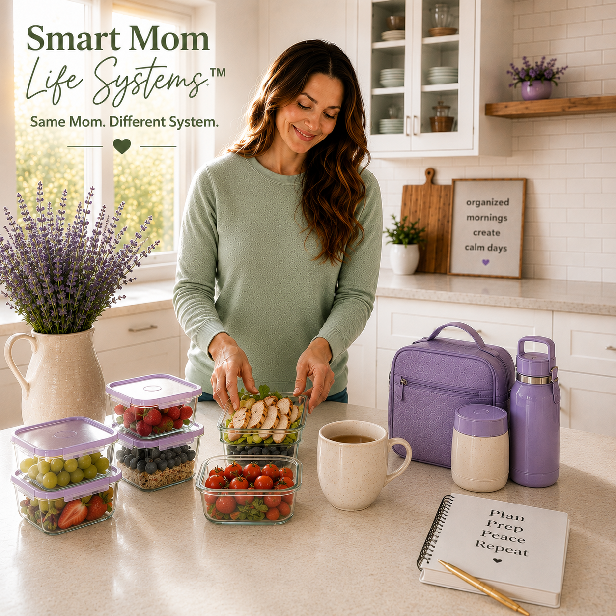 Smart Mom Life Systems lifestyle image with lunch containers and planning tools